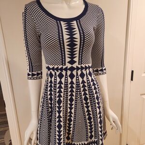 Nina Leonard Navy and White Patterned Long Sleeve Dress